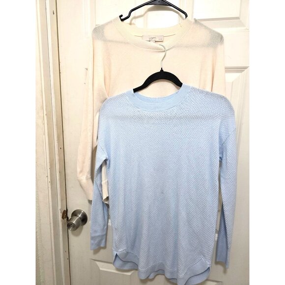 Loft Women's XS/XSP Long-Sleeve Sweaters Set Of 2 Blue & Ivory Solid - Picture 4 of 10